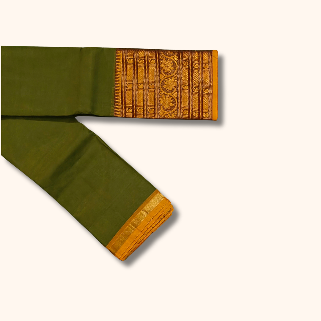 Olive Green Chettinad Cotton Saree with Rich Gold Zari Border