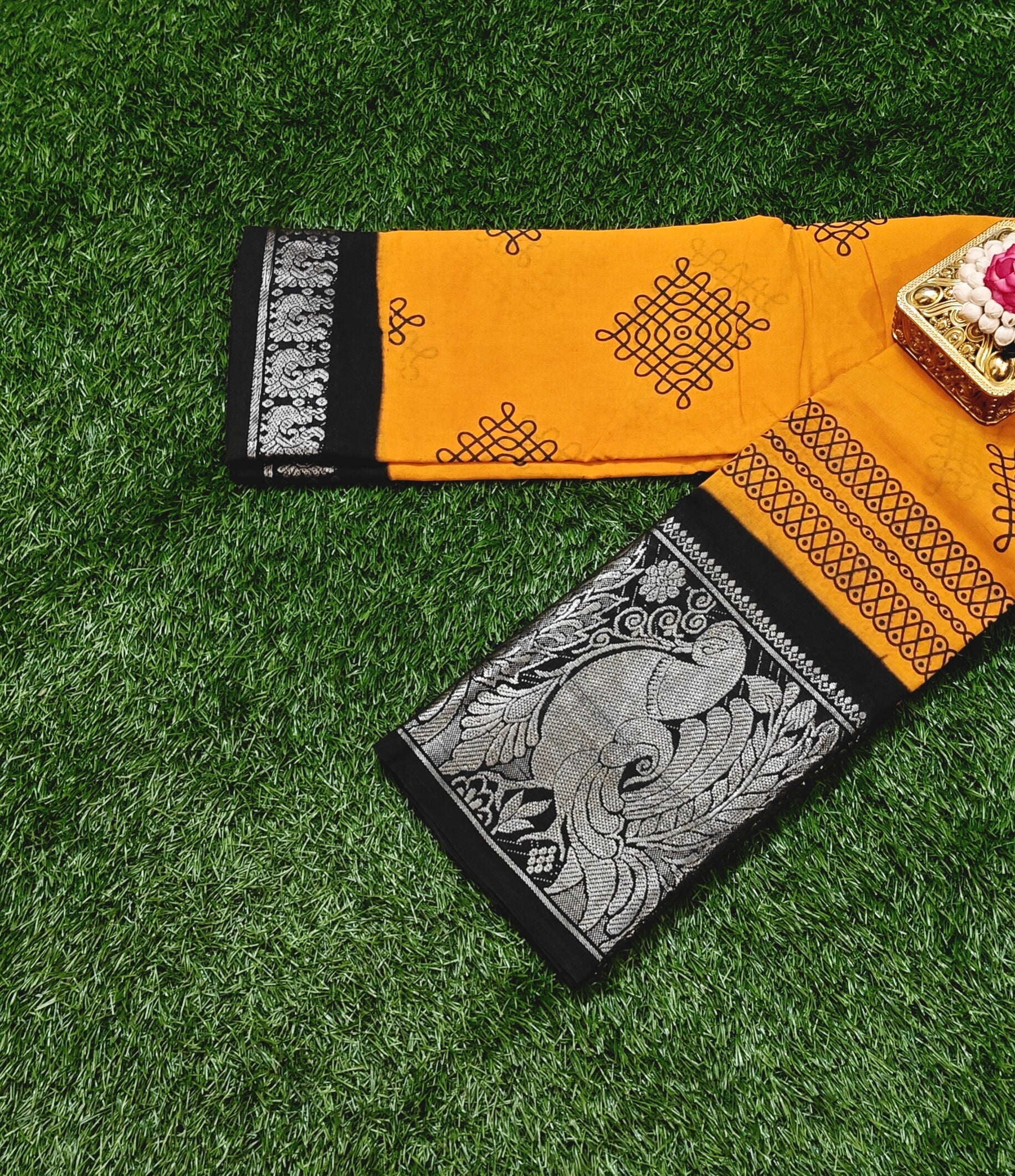 Bright Orange Kolam Design Sungudi Cotton Saree with Dark Blue Swan Border