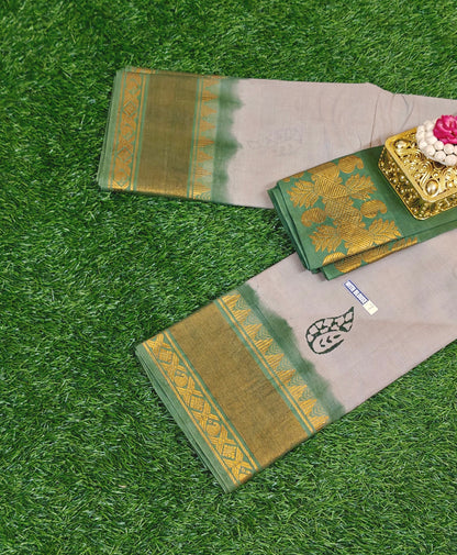 Beautiful Grey Sungudi Cotton Saree with Green Zari Border & Contrast Blouse