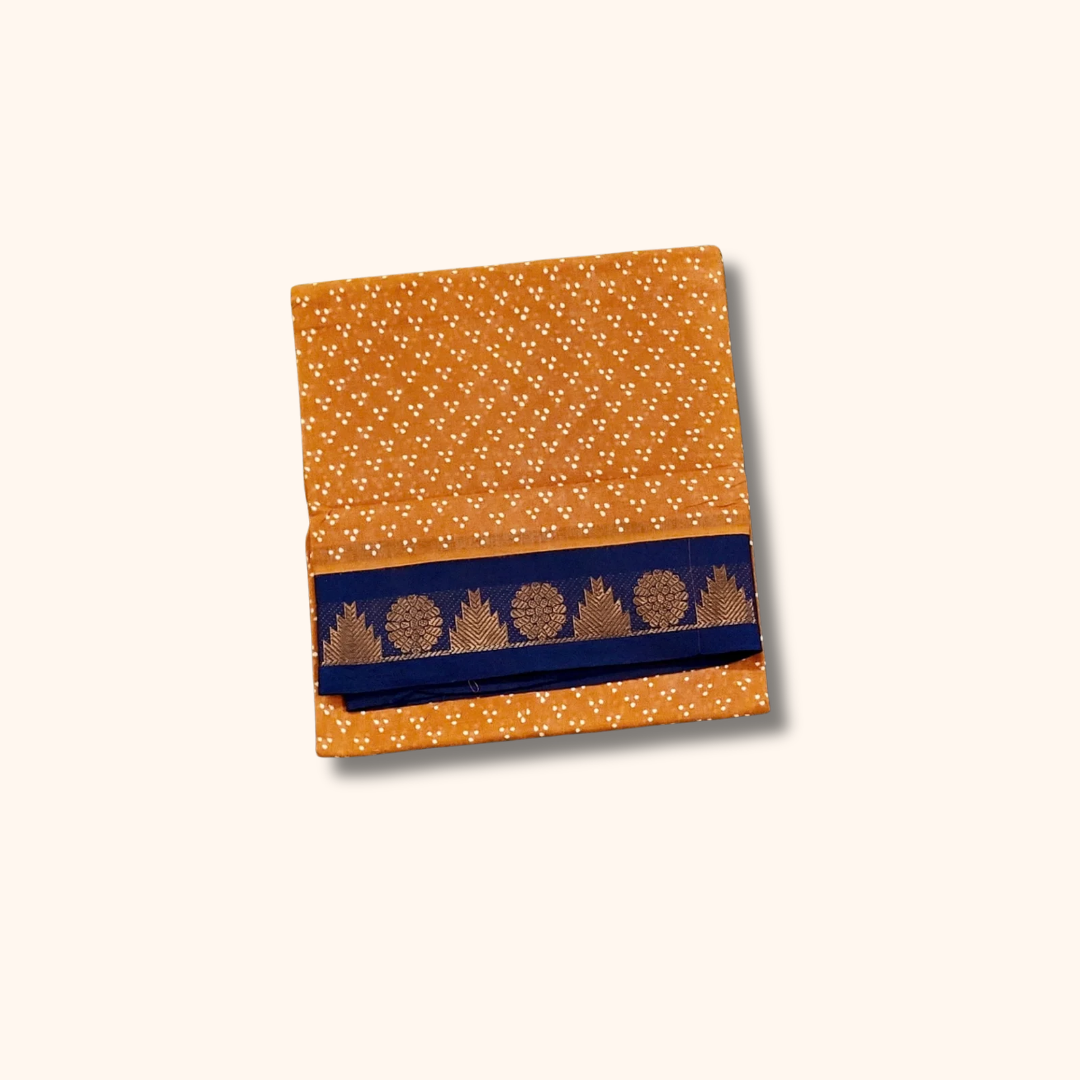 Mustard Yellow Cotton Saree with Navy Blue Zari Border – Without Blouse