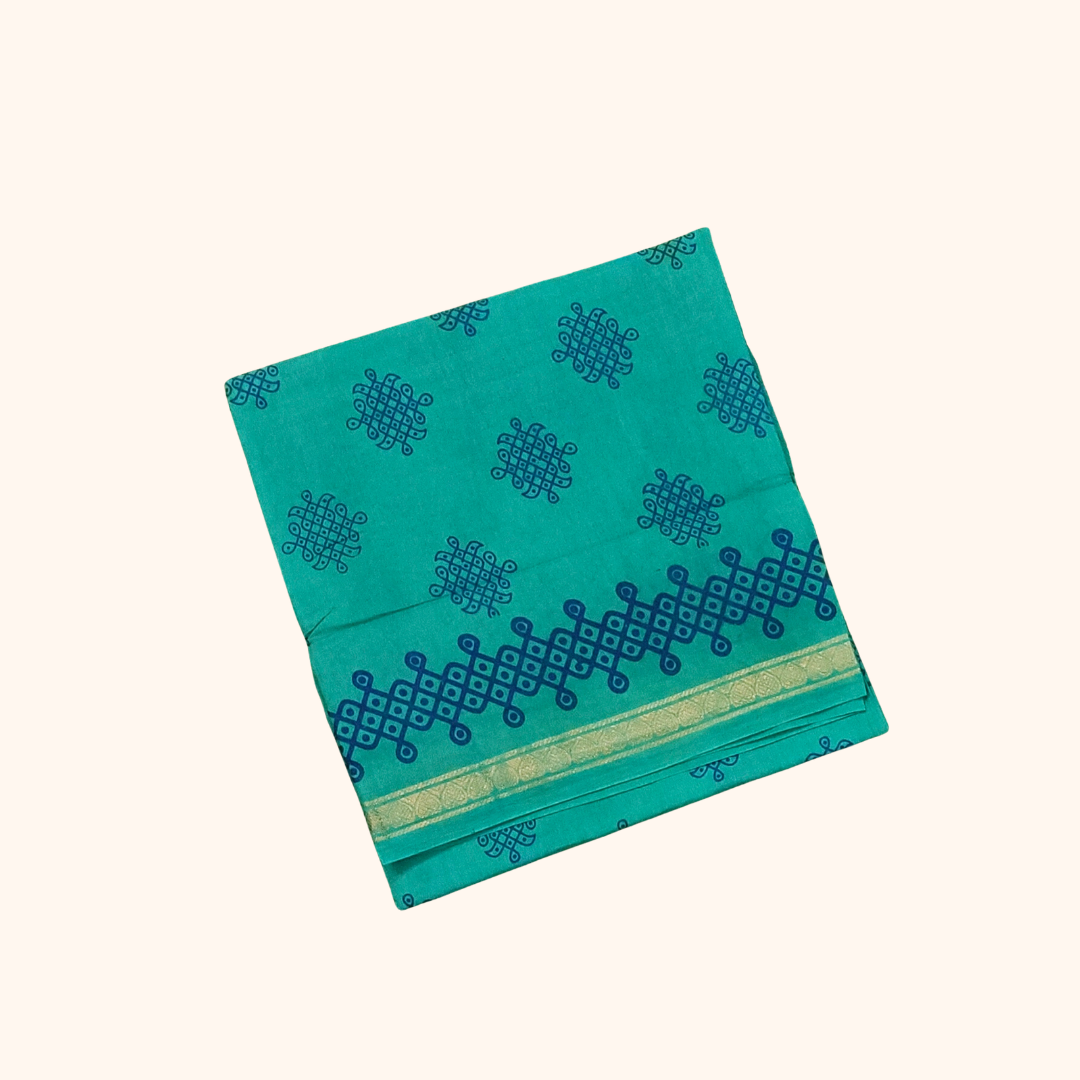 Aqua Blue Kolam Print with Zari Border