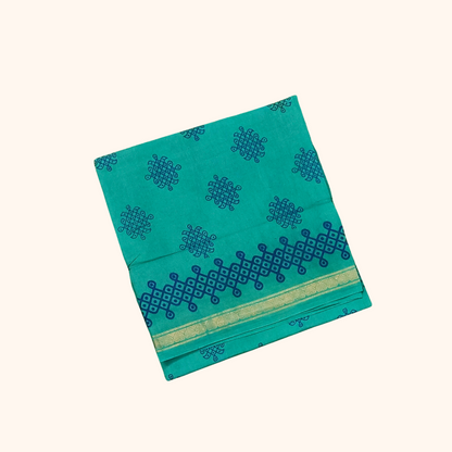 Aqua Blue Kolam Print with Zari Border