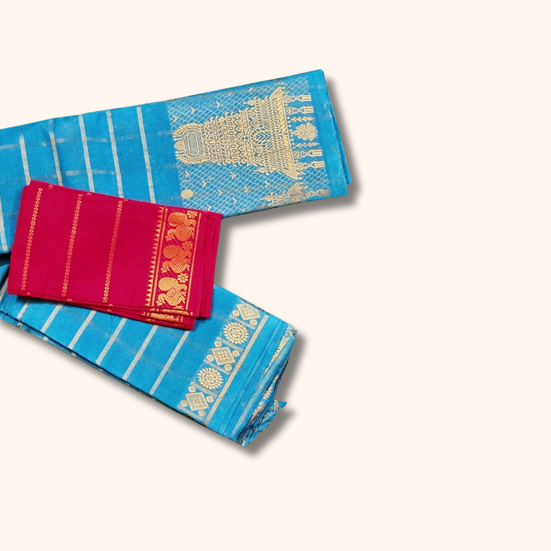 Sky Blue Sungudi Cotton Saree with Gold Zari Checks & Designer Pallu – Separate Blouse Piece