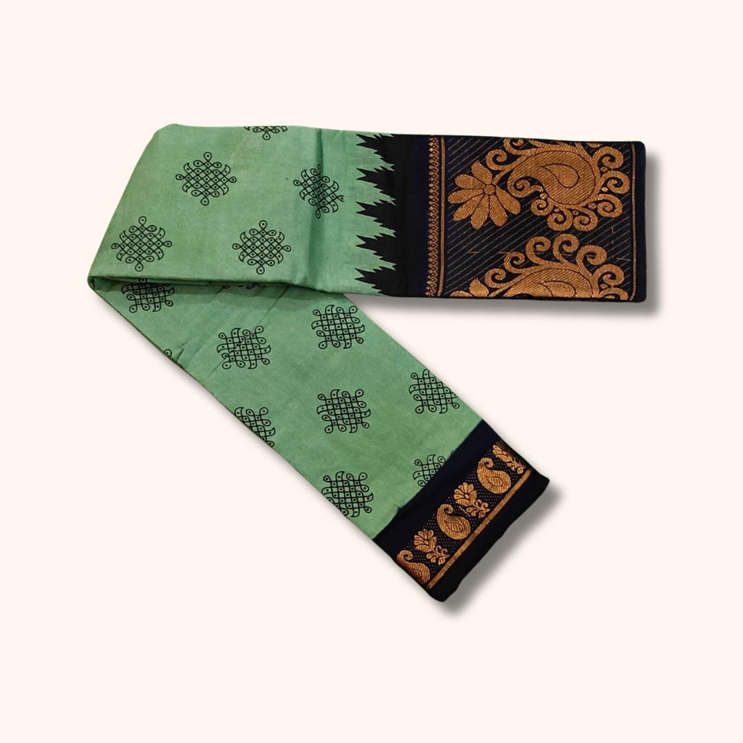 Sea Green Kolam Sungudi Cotton Saree with Black Zari Border