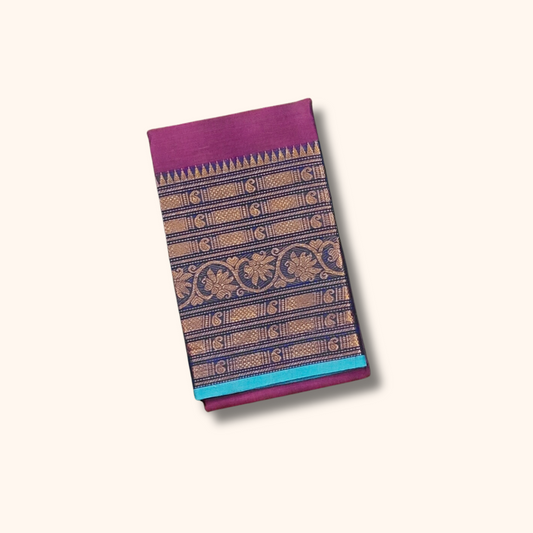 Magenta Chettinad Cotton Saree with Aqua Blue Zari Border