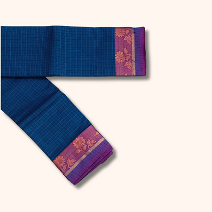 Dark sky Blue Checked Thread Work Zari Chettinad Cotton Saree