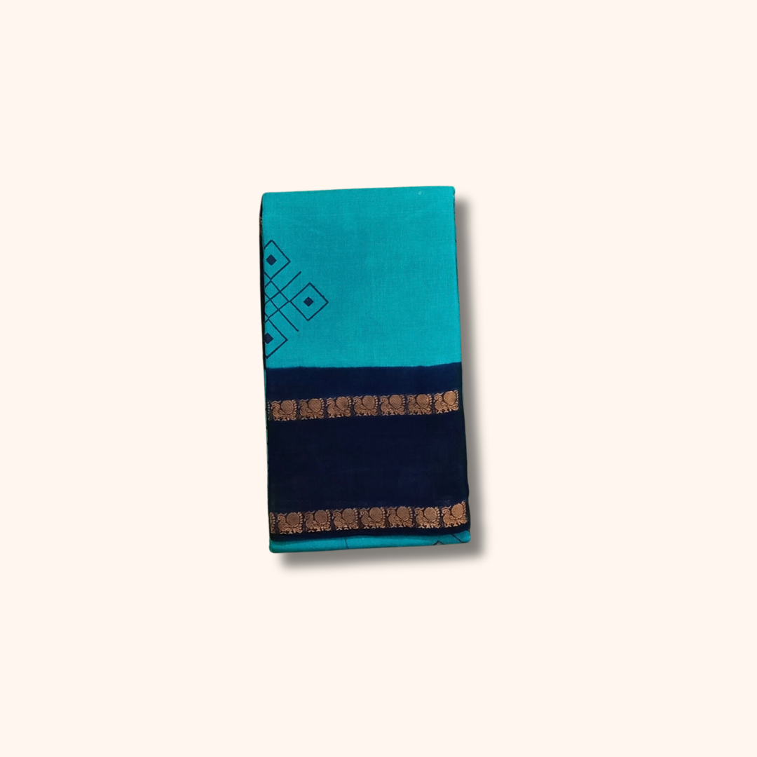 Turquoise Blue Cotton Saree with Navy Blue Border