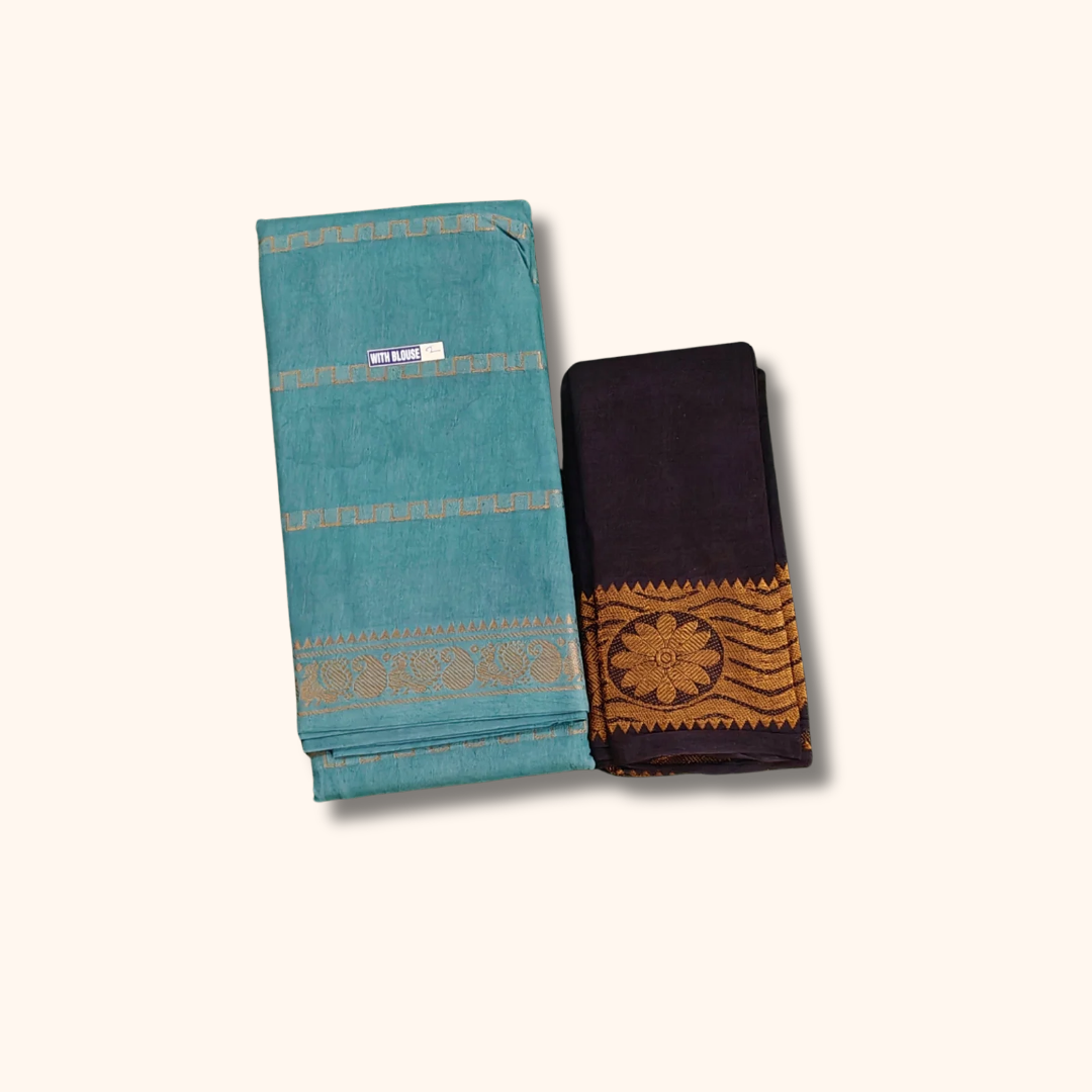 Sea Green Sungudi Cotton Saree with Black Contrast Blouse Piece