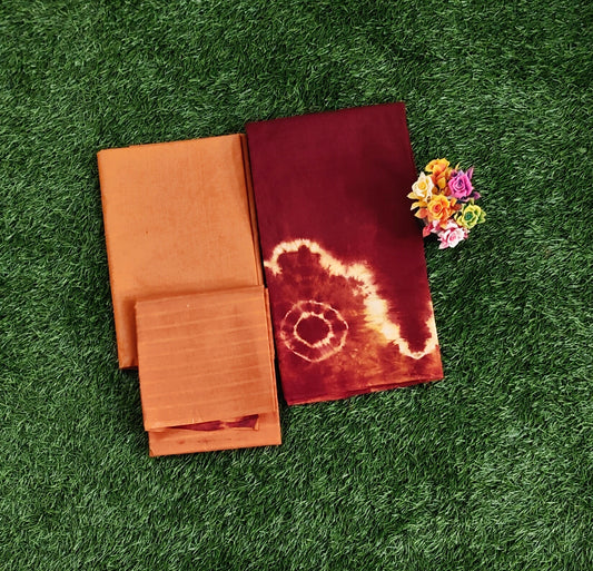 Elegant Maroon & Rust Orange Sungudi Cotton Chudidar Material Set with Tie-Dye Design