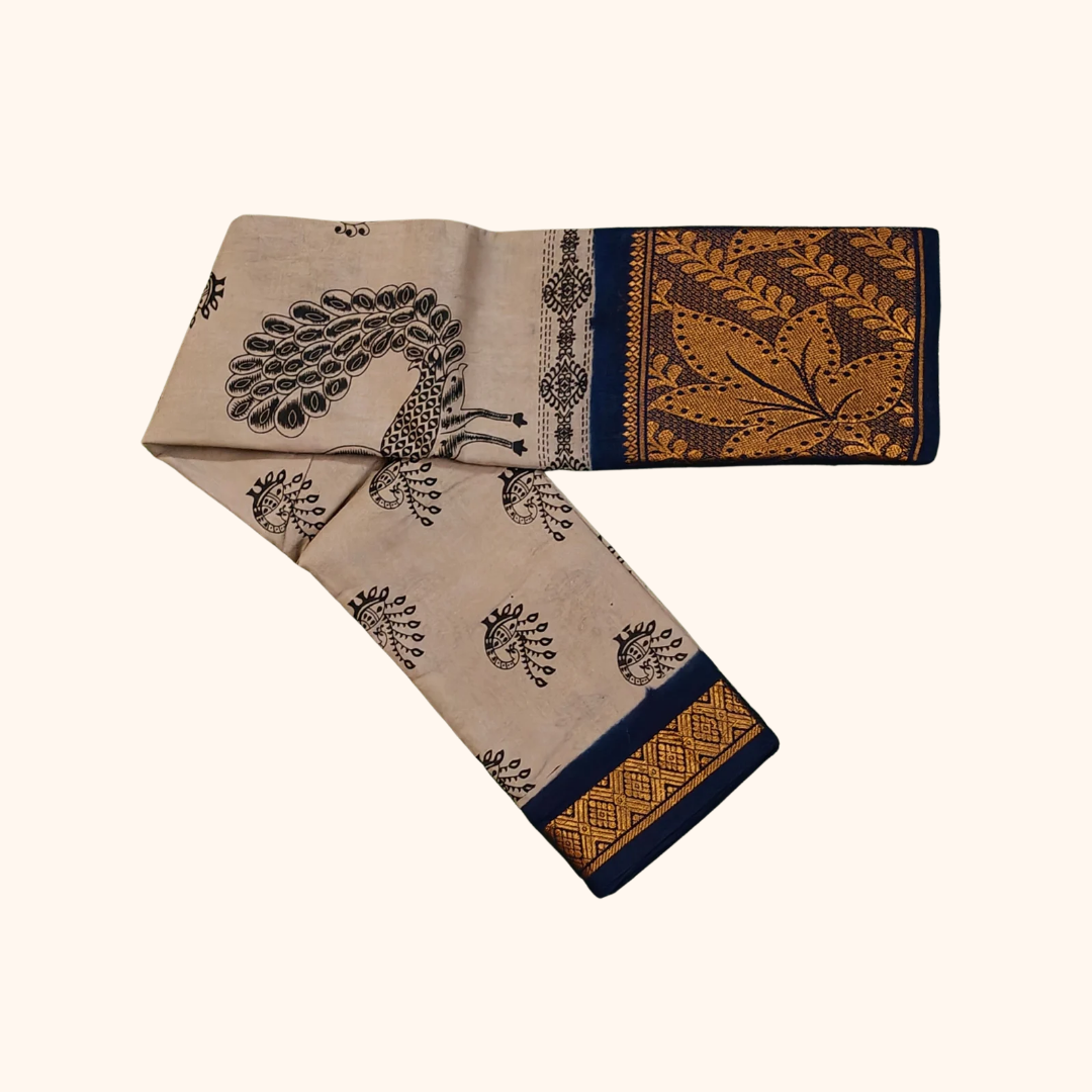 Beige Peacock Print Cotton Saree with Navy Blue Floral Border