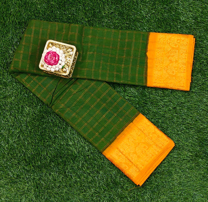Dark Green Sungudi Cotton Saree with Golden Checks & Rich Mustard Elephant Border