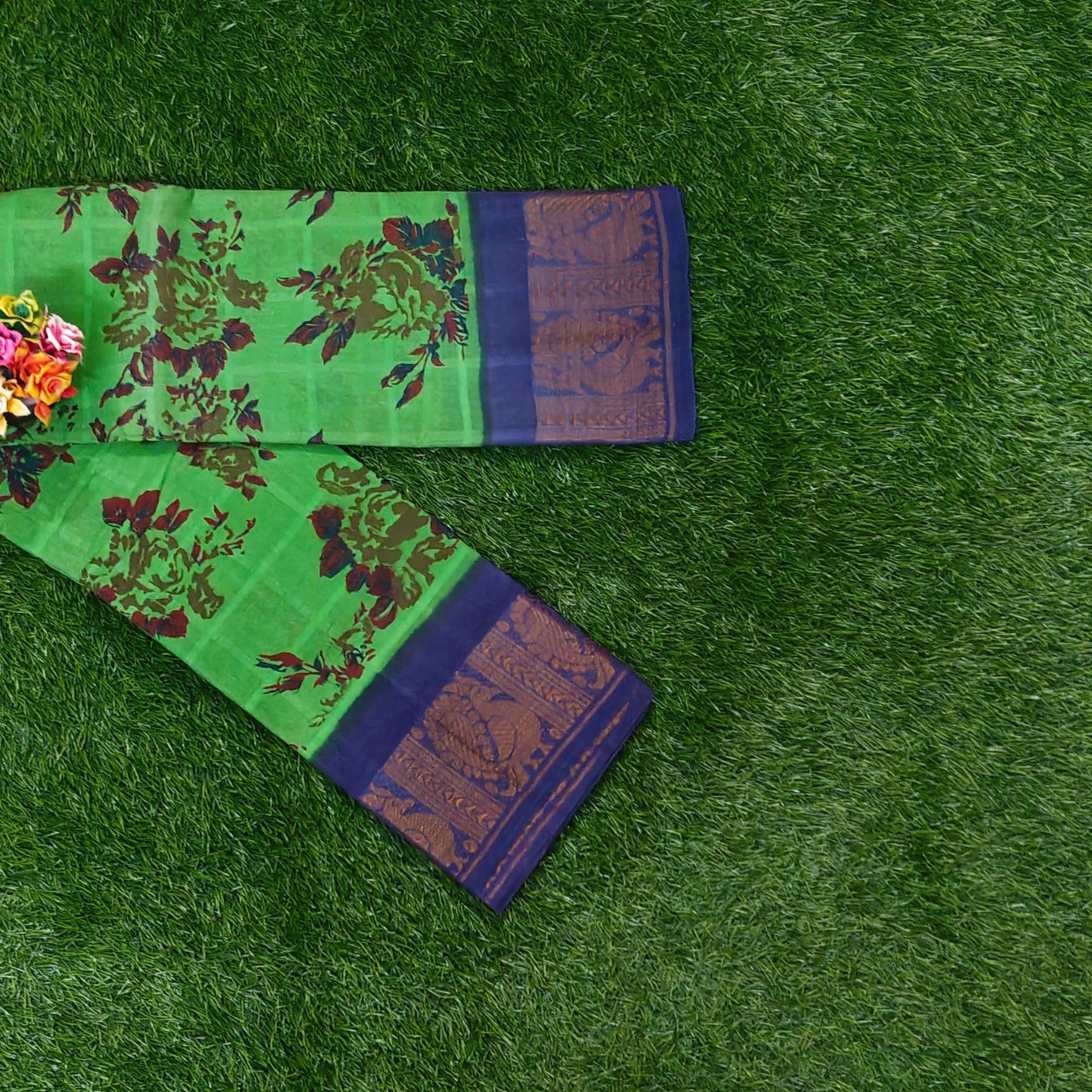 Parrot Green Floral Printed Saree with Navy Blue Peacock Border