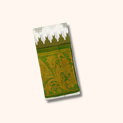 White & Parrot Green Floral Border Kolam Sungudi Cotton Saree