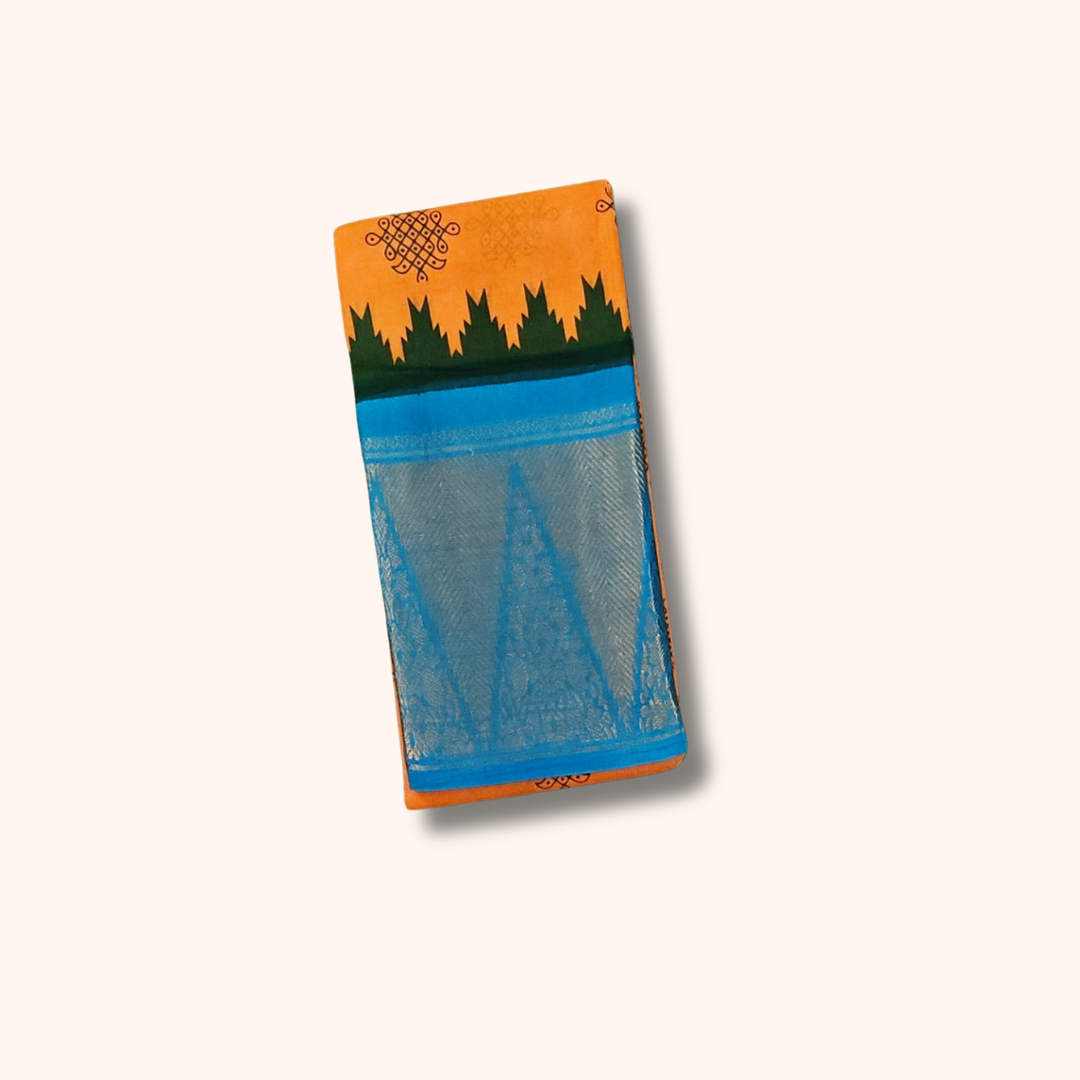 Mustard Yellow Kolam Cotton Saree with Sky Blue Temple Zari Border
