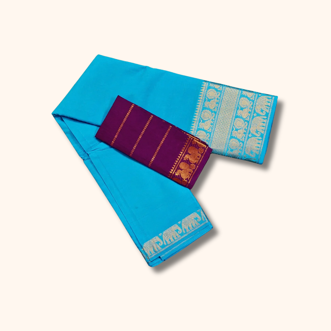 Turquoise Blue Pure Cotton Saree with Purple Contrast Blouse