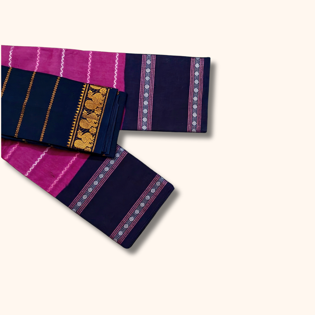 Pink & Navy Blue Sungudi Cotton Saree with Zari Border – Separate Blouse Piece