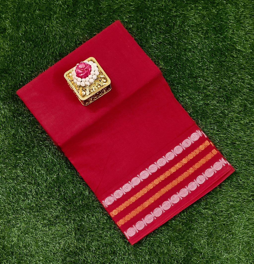 Brick Red Sungudi Cotton Saree with Silver & Gold Striped Border
