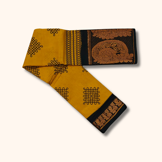 Mustard Kolam Print Cotton Saree with Black Peacock Border