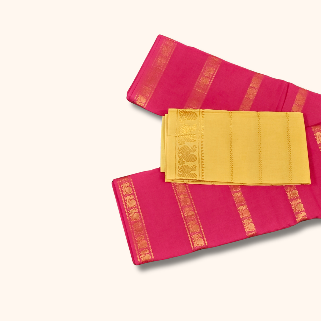 Rani Pink Cotton Saree with Gold Zari Stripe Border & Separate Blouse