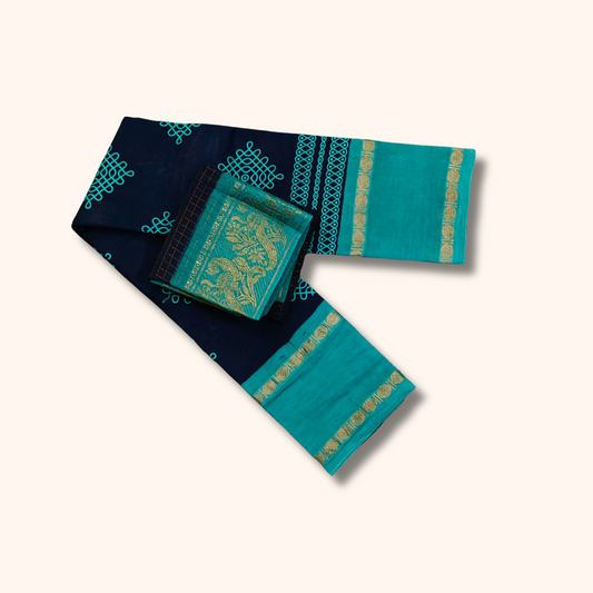 Navy Blue Sungudi Cotton Saree with Aqua Blue Contrast Blouse Piece