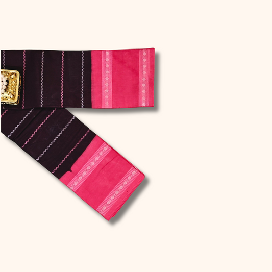 Dark Maroon Sungudi Cotton Saree with Silver Line Design & Pink Contrast Border