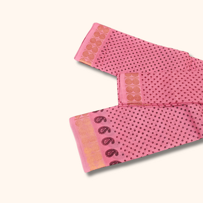Baby Pink Printed Sungudi Cotton Saree with Separate Blouse Piece