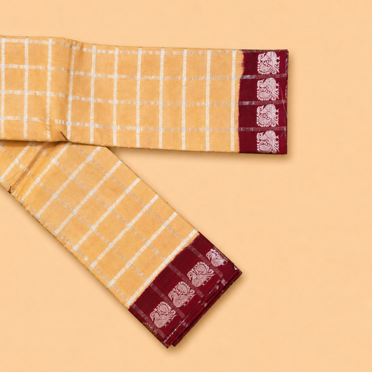 Peach Checked Sungudi Cotton Saree with Maroon Border