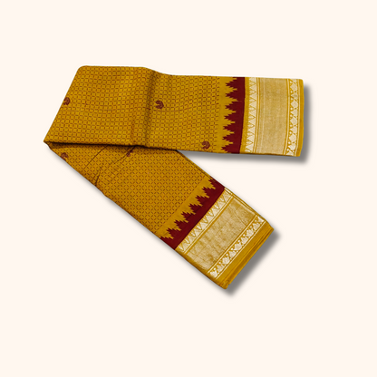 Mustard Yellow Sungudi Cotton Saree with Silver Zari Temple Border