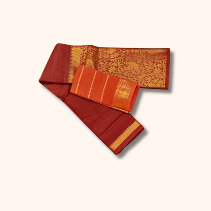 Rust Maroon Vasigara Pattern Sungudi Cotton Saree with Orange Contrast Separate Blouse Piece