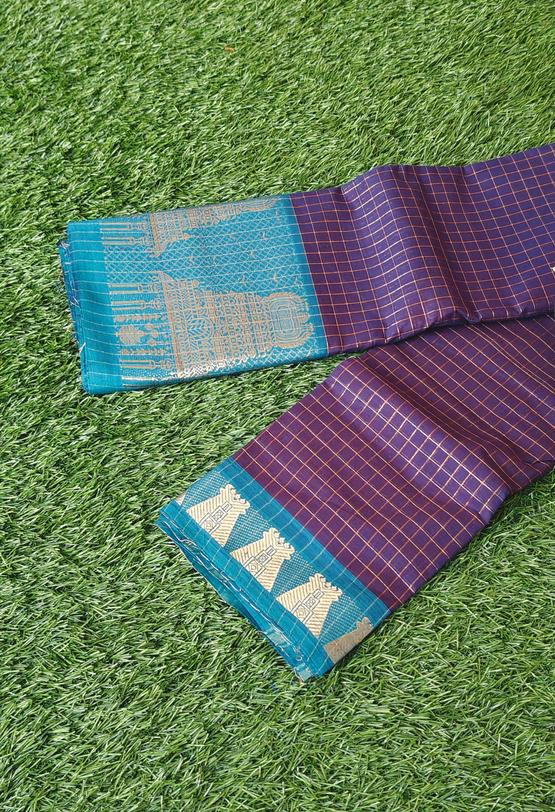 Chettinad Cotton Saree with Meenakshi Gopuram Border – Purple Checks with Teal Blue Border
