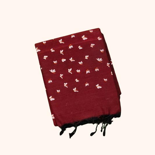 Mulmul Cotton Maroon Floral Print Saree