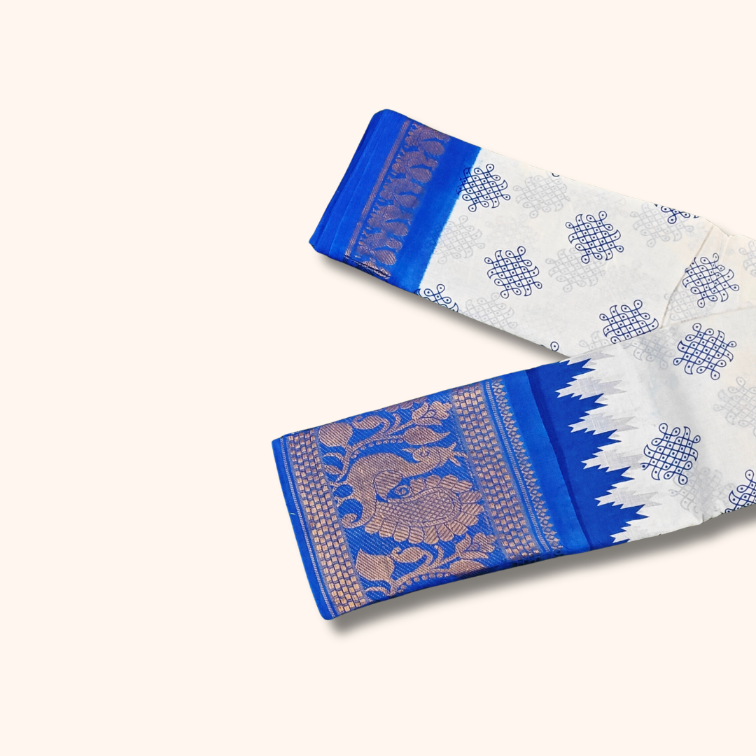 White & Royal Blue Traditional Sungudi Cotton Saree with Designer Blue Border