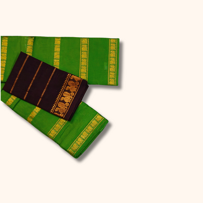 Parrot Green Cotton Saree with Gold Zari Stripe Border & Separate Maroon Blouse