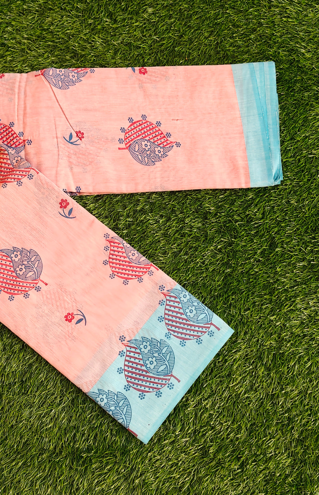 Blush Pink with Sky Blue Border South Indian Pure Cotton Printed Saree