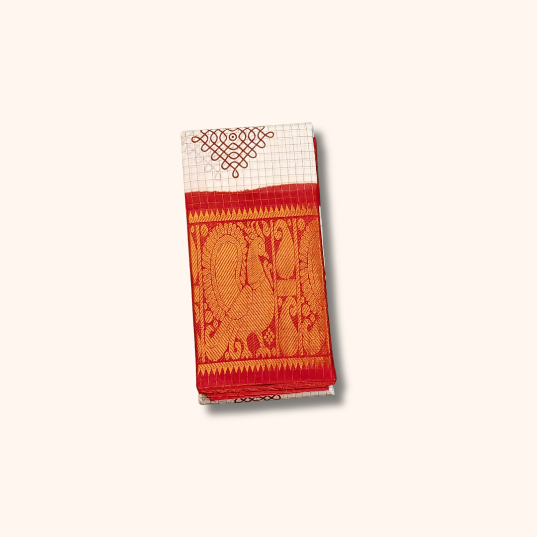 White Kolam Design Saree with rust orange & Golden Zari Border – No Blouse