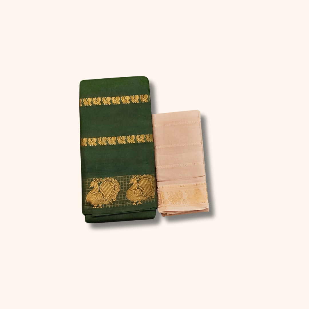 Dark Green Cotton Saree with Gold Zari Stripes & Peacock Border – Separate Beige Blouse Piece