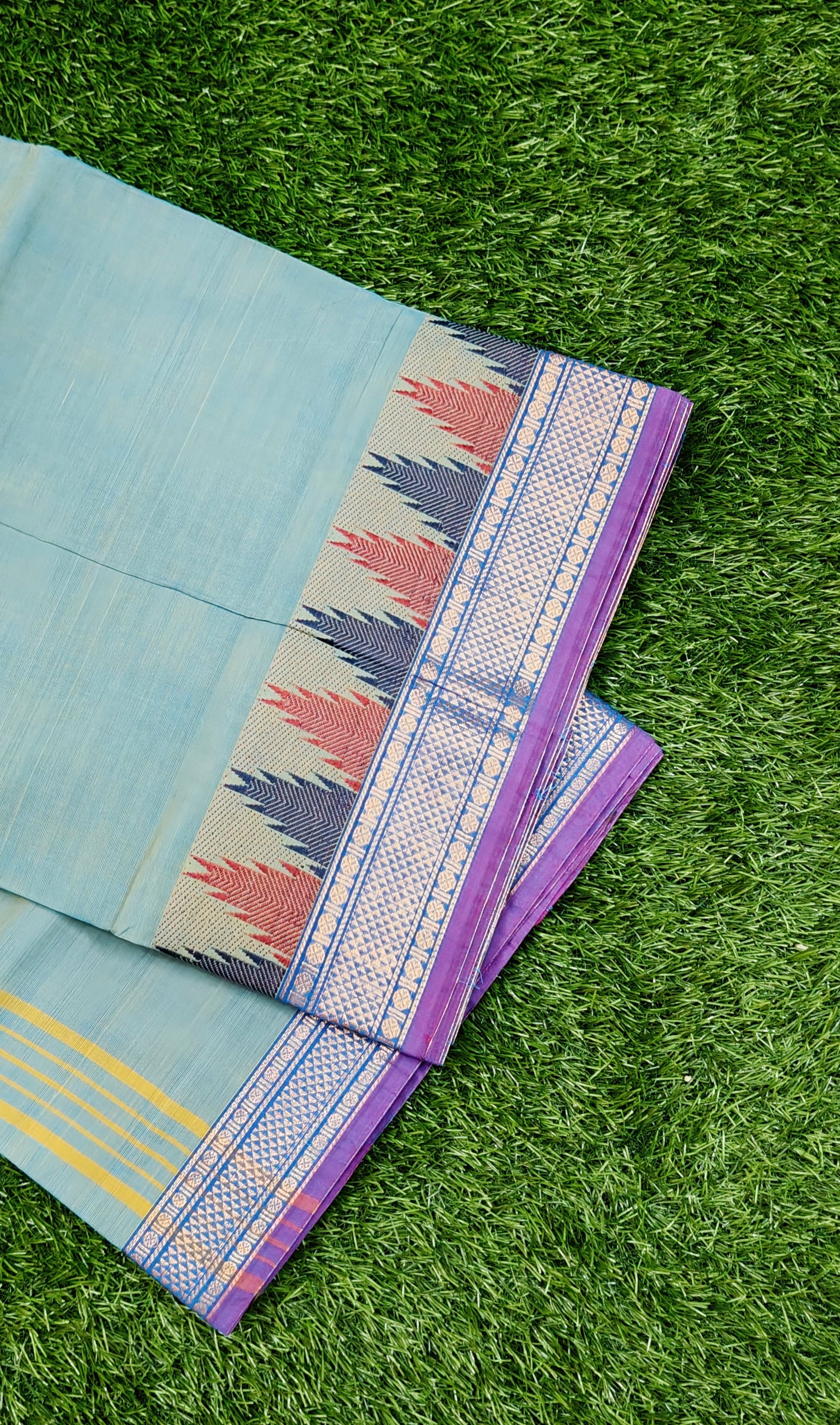 Sea Green Chettinad Cotton Saree with Contrast Temple Border