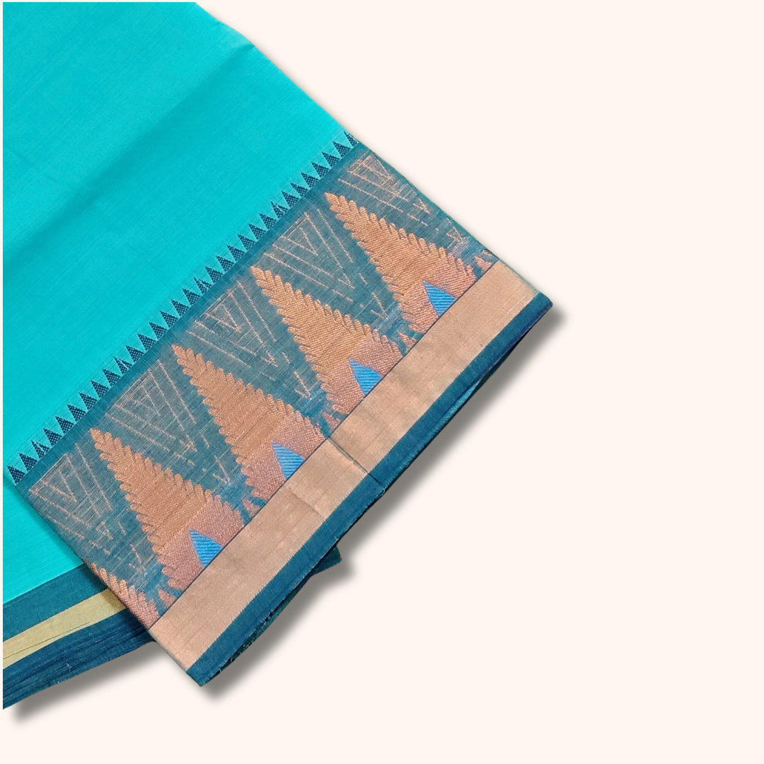 Aqua Blue Chettinad Cotton Saree with Tower Border
