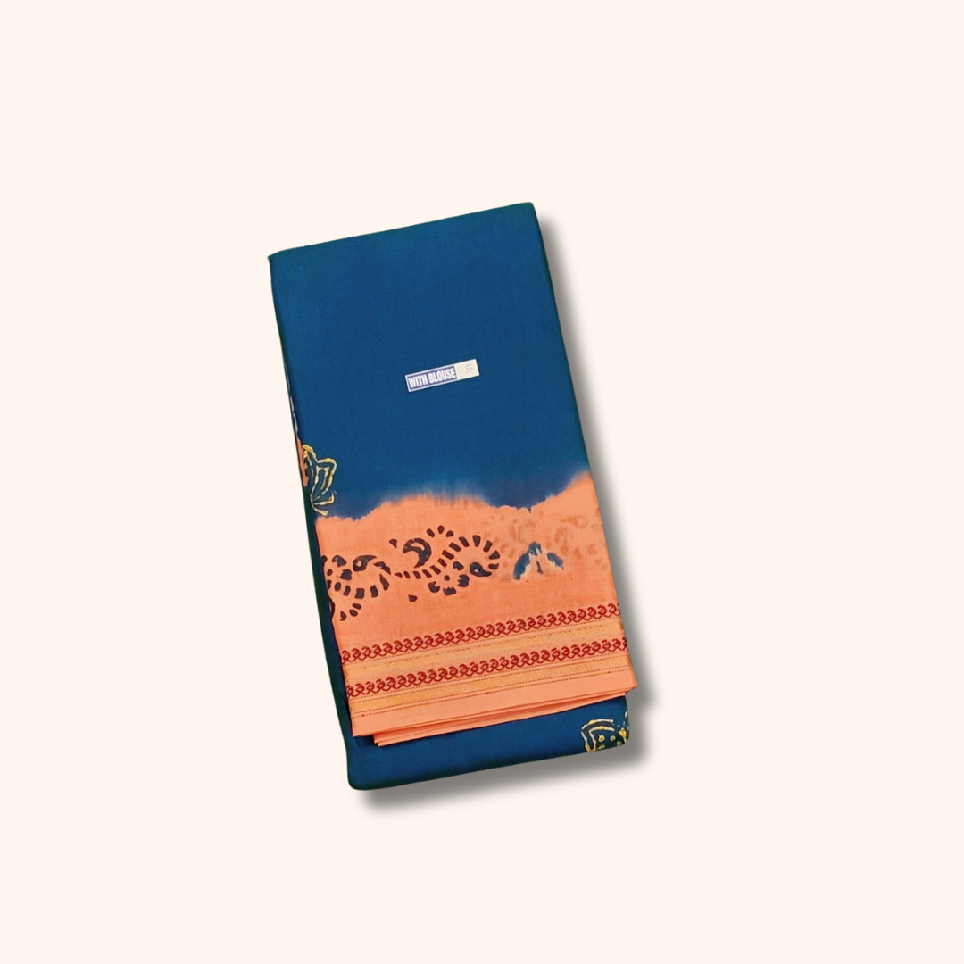 Royal Blue & Peach Pure Cotton Saree with Running Blouse