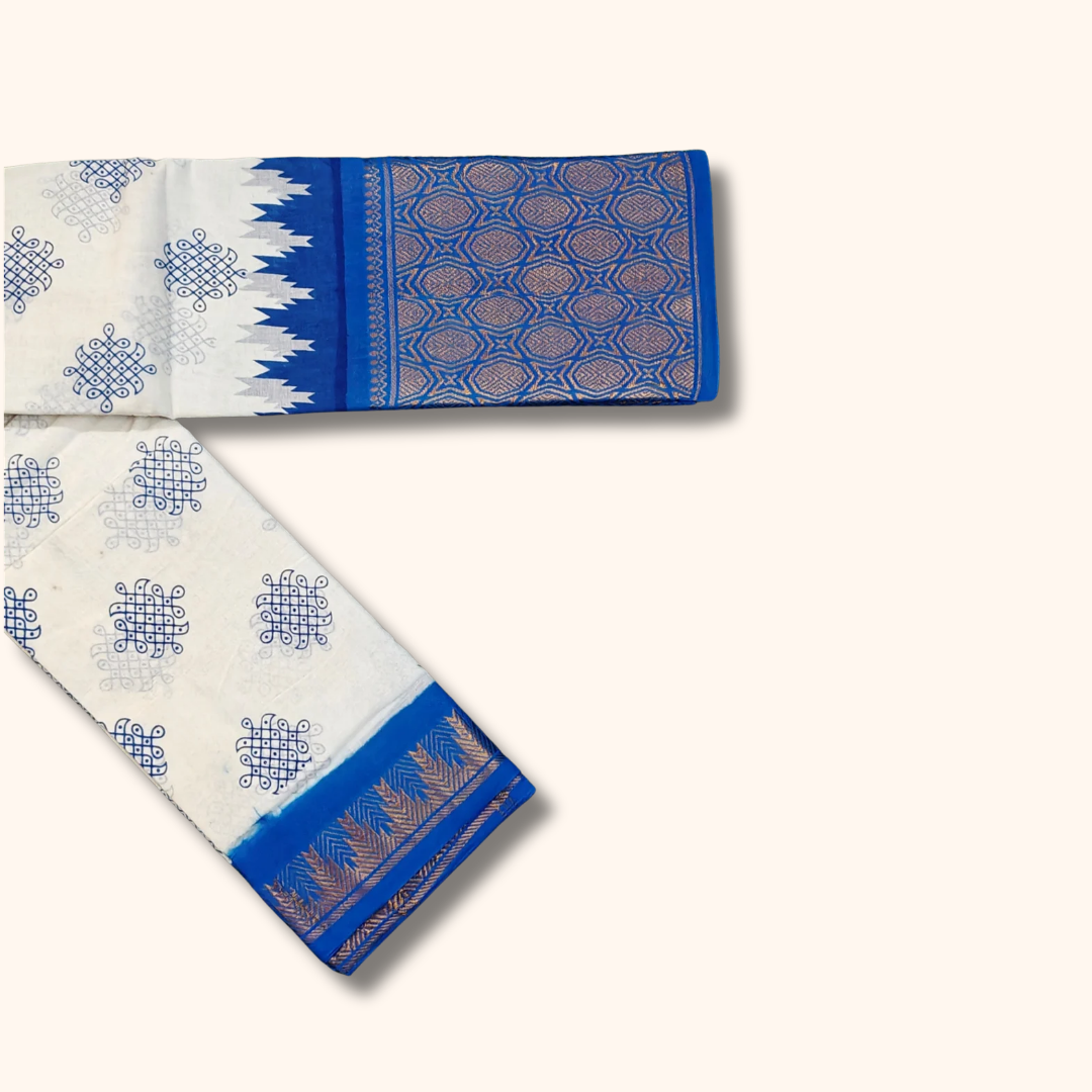White & Royal Blue Kolam Temple Border Sungudi Cotton Saree