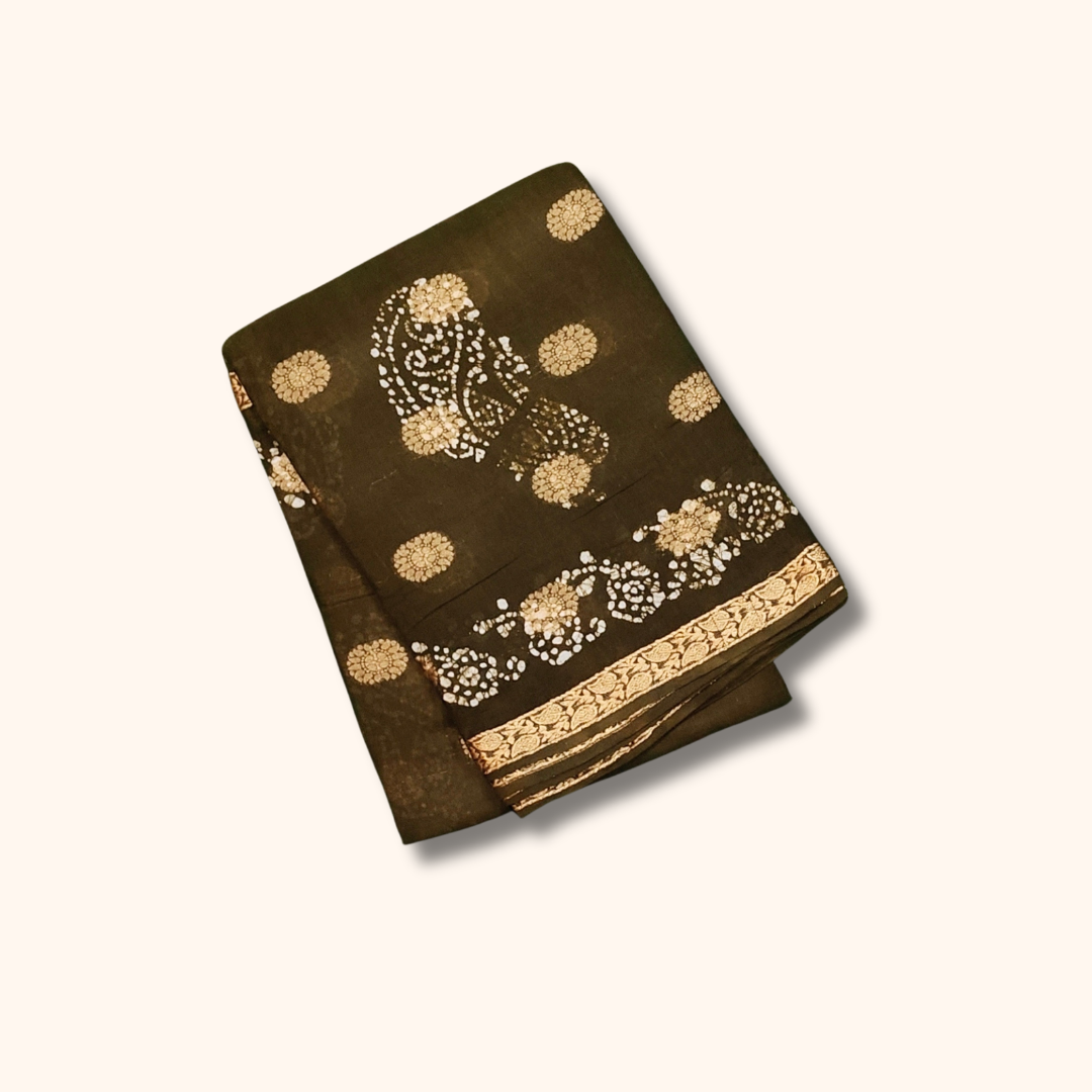120s Count Sungudi Vayal Saree – Dark Olive Green Paisley Design with Running Blouse