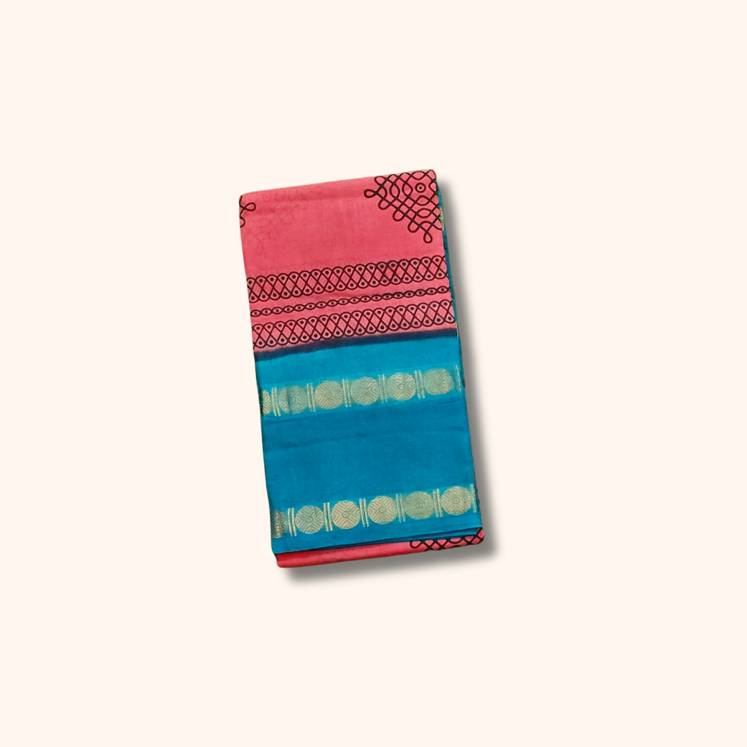 Rose Pink Sungudi Cotton Saree with Teal Blue Border & Gold Zari