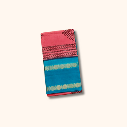 Rose Pink Sungudi Cotton Saree with Teal Blue Border & Gold Zari