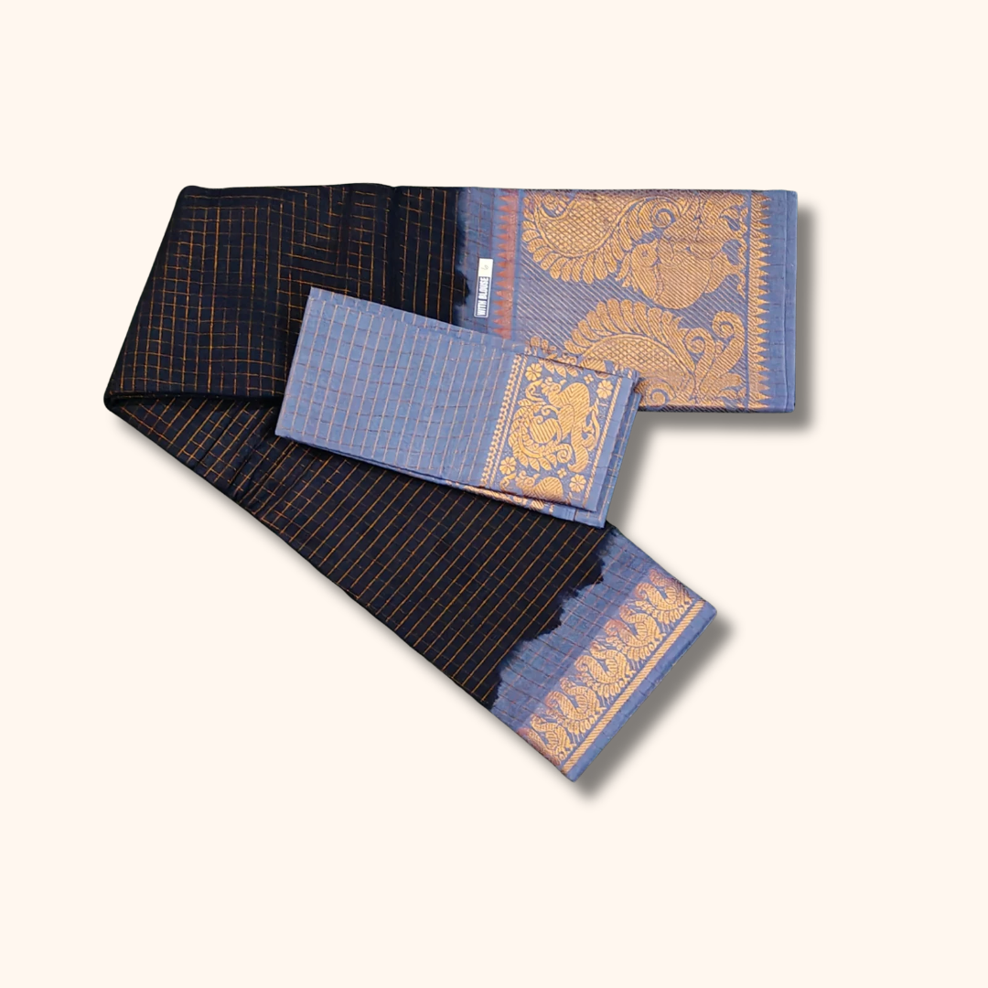Navy Blue Checked Sungudi Cotton Saree with Peacock Zari Border