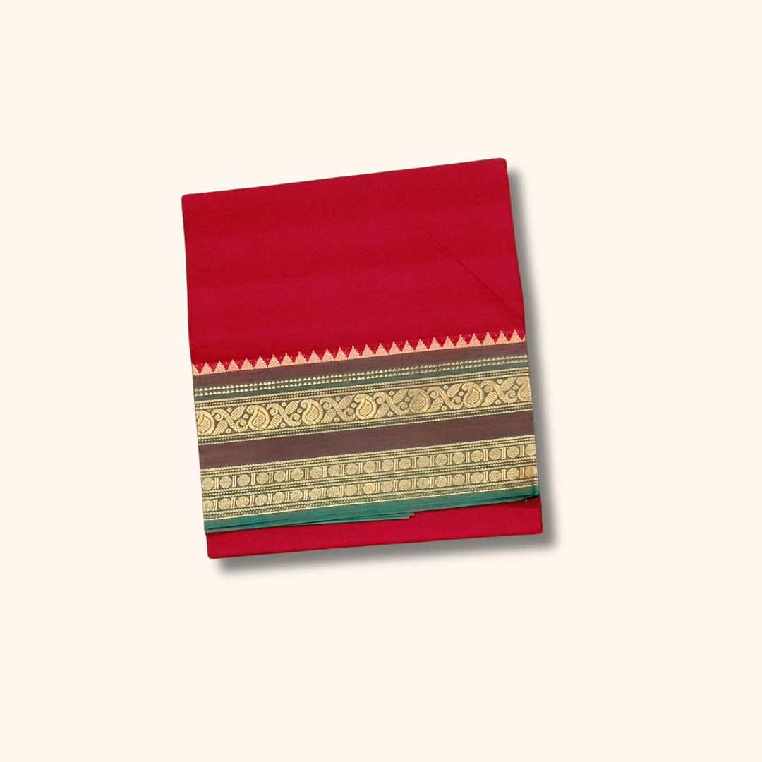 Red Chettinad Cotton Saree with Traditional Gold Zari Border – Running Blouse