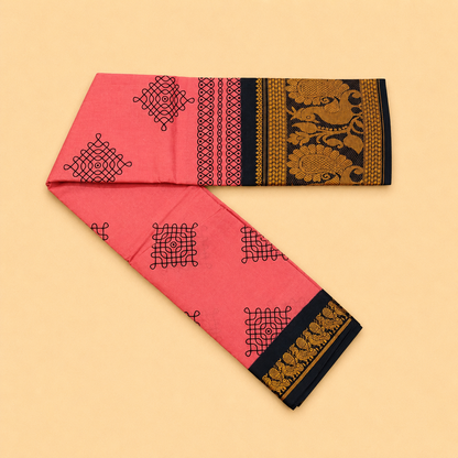 Coral Pink Printed Cotton Saree with Navy Blue Traditional Border