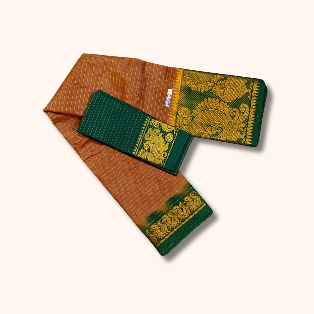 Copper Brown Sungudi Cotton Saree with Bottle Green Zari Border