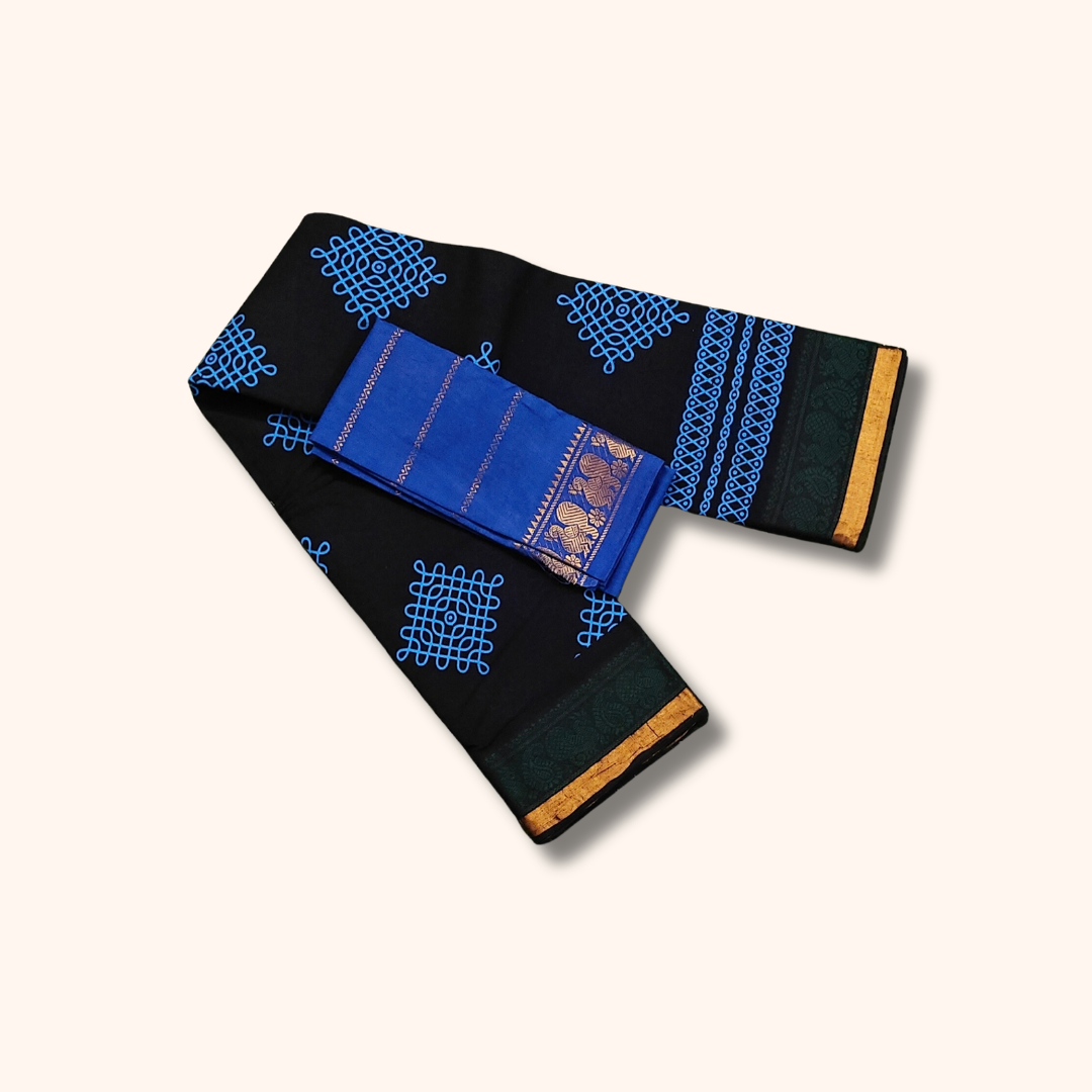 Black Cotton Saree with Blue Kolam Design & Gold Border