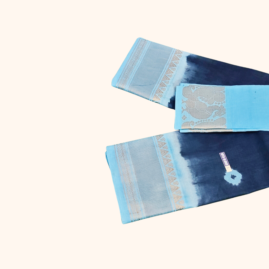 Navy Blue & Sky Blue Cotton Saree with Silver Zari Border