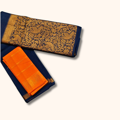 Navy Blue Vasigara Pattern Saree with Orange Blouse – Separate Blouse Piece